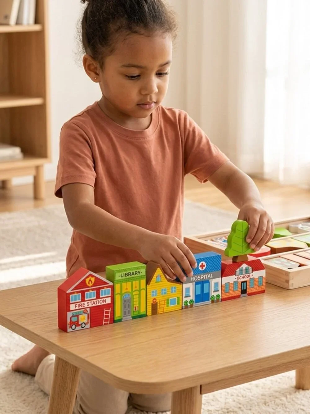 NEW Montessori Wooden Town Play Set Building Blocks Educational Toy Gift